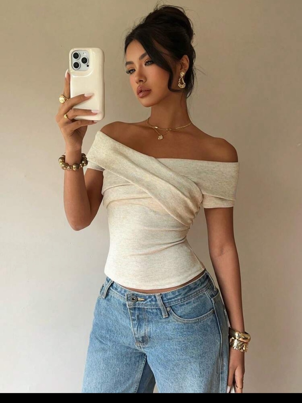 Off-Shoulder Twist Knit Camisole - Cream